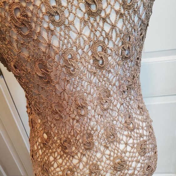 Vintage Lisa Crochet Cardigan Vest Womens Small Mocha Brown Boho Festival - Picture 7 of 9